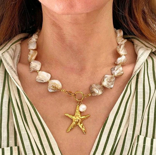 Collar marino conchas de nácar, estrella y perla